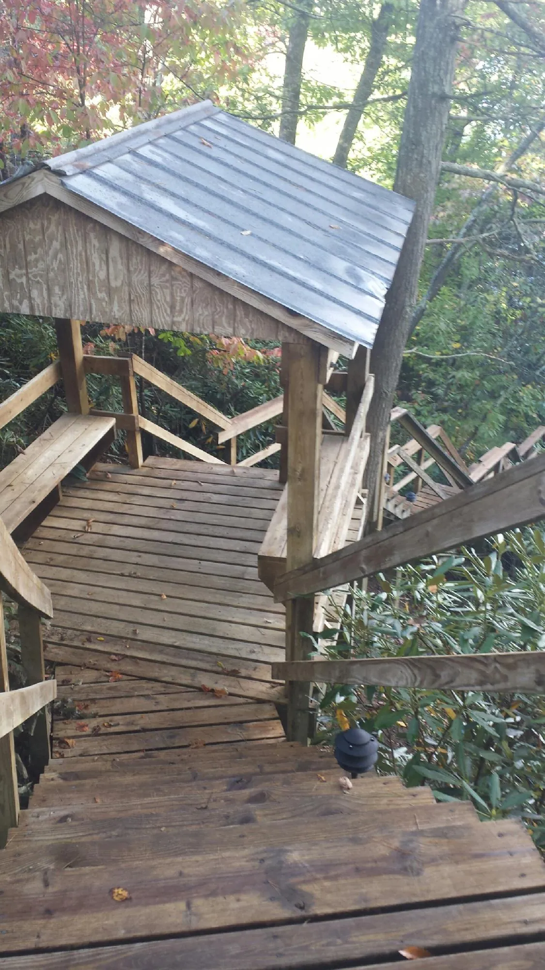 Metal roofed shelter over wooden steps on a wooded walkway — Skylight Repair & Installation work by our crew in Inglewood